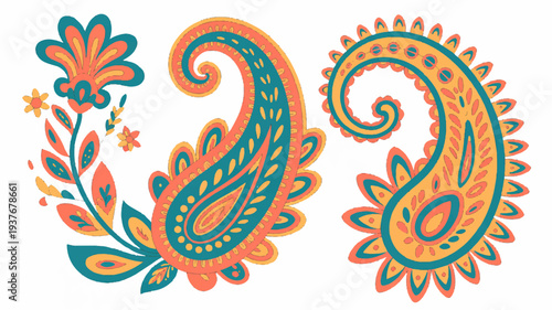 Vibrant paisley floral patterns in orange teal and pink hues on white background