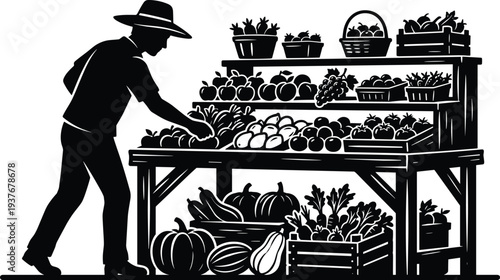 Farmer selling fresh fruits and vegetables at market stall silhouette vector illustration, organic farm produce stand concept for agriculture and local food market