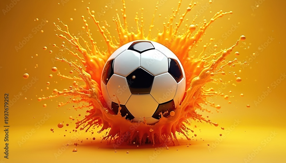 Naklejka premium Soccer ball hits orange liquid making vibrant splash. Dynamic sport action abstract art. Energetic fluid motion captured in studio. Game graphic background.