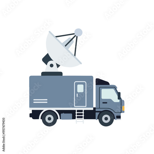 Satellite truck broadcasting live on location with parabolic antenna