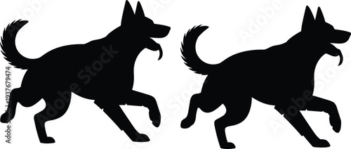 German shepherd dog running silhouette vector illustration, energetic guard dog profile isolated on background for animal, pet and security design