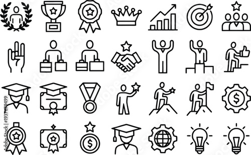 Set of 25 business success icons vector, minimalist black line style