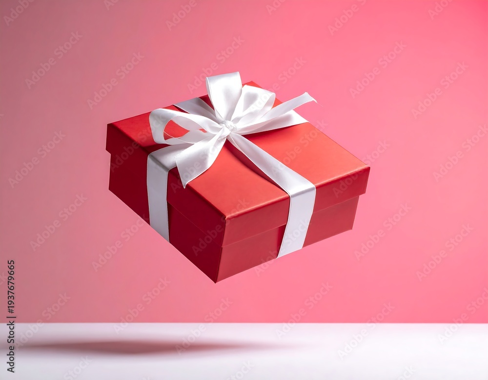 Fototapeta premium Red gift box, white ribbon, levitating, soft light, pink background creates a sense of joy and anticipation