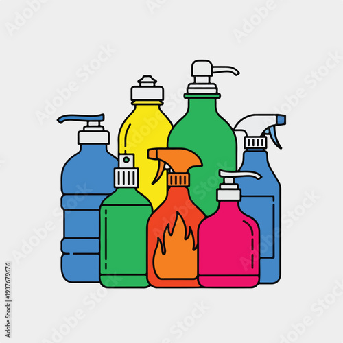 Colorful cleaning supplies bottles with various spray nozzles