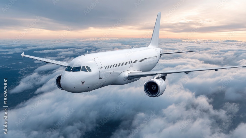 Obraz premium White passenger airplane flying above clouds at sunset with dramatic sky