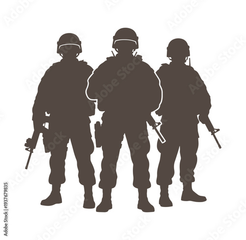 Silhouette of three soldiers standing with guns in military uniform and helmets