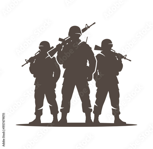 silhouette of three soldiers standing with rifles on white background