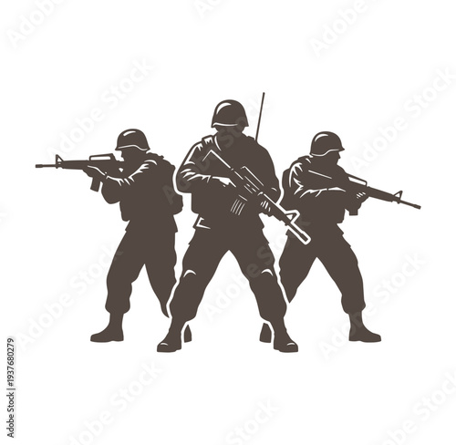 Soldiers in tactical formation with guns and helmets isolated on transparent background