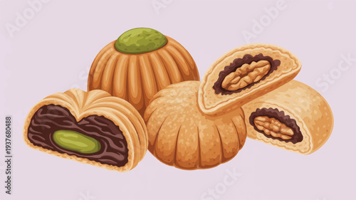 Delicious mooncakes with fillings traditional chinese pastries sweet treats festive dessert food illustration