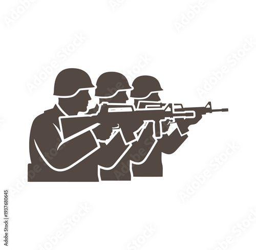 Three soldiers in helmets aiming guns to the right side  military concept