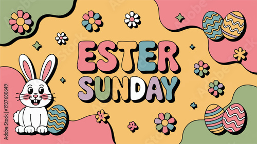 Easter sunday celebration with bunny and decorated eggs on colorful background with flowers