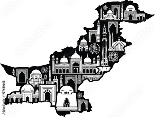 Pakistan map silhouette with famous landmarks vector illustration including mosques, monuments and Minar-e-Pakistan architecture, cultural heritage travel design isolated on background