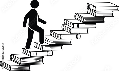 Person climbing stairs made of books vector illustration, concept of education, knowledge growth, learning progress and academic success