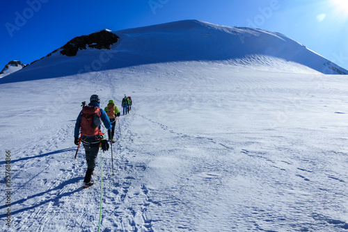 Schilderij op canvas Mountaineers in rope team with crampons ascending towards mountain summit Parrot