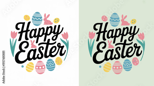 Easter eggs and flowers celebrate spring with happy easter text on white and green backgrounds