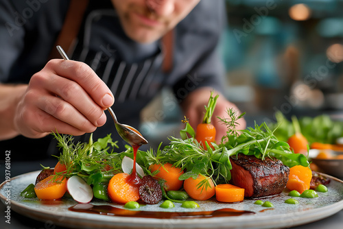Professional Chef Plating Gourmet Dish with Tweezers and Microgreens in Luxury Fine Dining Restaurant Kitchen Close-Up of Focused Professional Chef Using Tweezers to Plate Elegant Gour