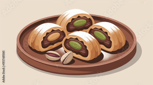 Delicious assorted mooncakes on a wooden plate with pistachios traditional dessert for mid autumn festival celebration