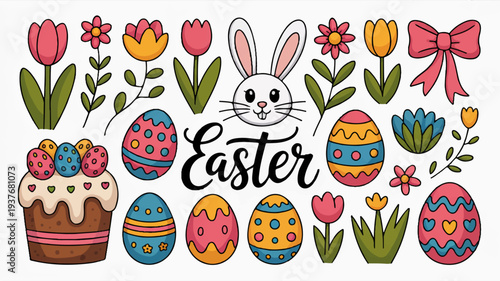 Colorful easter eggs flowers cake and bunny face in a festive holiday arrangement with the word easter