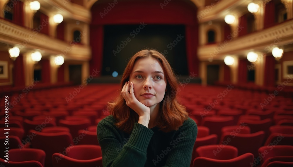 Naklejka premium Woman with red hair sits alone in a red velvet theater auditorium. She looks thoughtful while resting her chin on her hand. The stage is visible in the background.