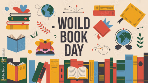 Colorful world book day illustration with books globe and educational symbols on beige background