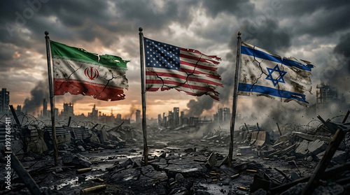 Iran, USA, and Israel tattered flags on poles amid war ruins, bullet casings, barbed wire, smoke, dark stormy sky.