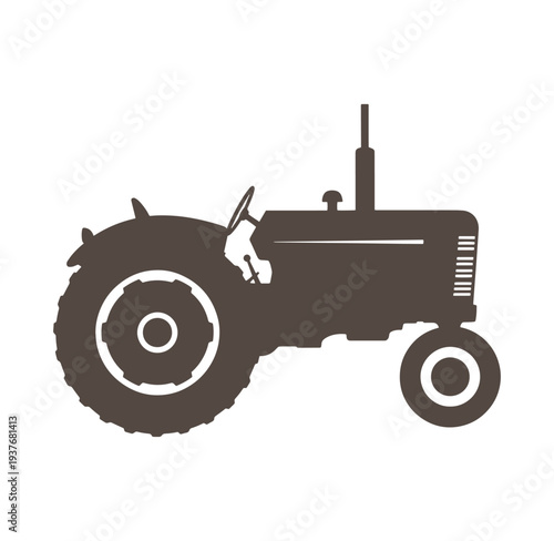 Tractor silhouette illustration with large rear wheel and steering wheel visible