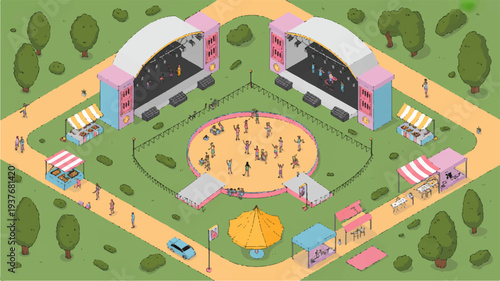 Vibrant outdoor festival with people gathered in a park surrounded by colorful stalls and buildings