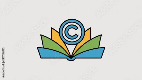 Colorful copyright symbol on open book logo creative education icon learning concept graphic
