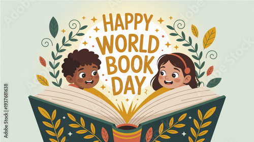 Children celebrate happy world book day with an open book and leaves