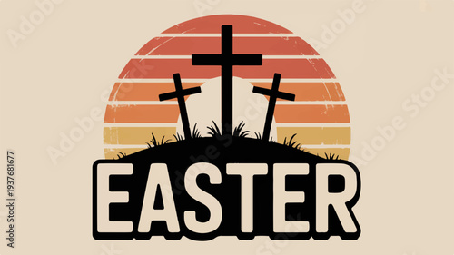 Easter crosses on a hill at sunset with vibrant orange and yellow sky