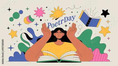 Woman celebrating poetry day with open book and hands raised surrounded by colorful stars and shapes creative expression and literature concept