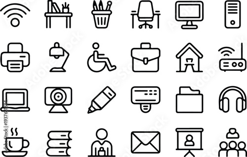 Clean Outline Online Education and Home Office Workspace Icons with Computer and Study Tools