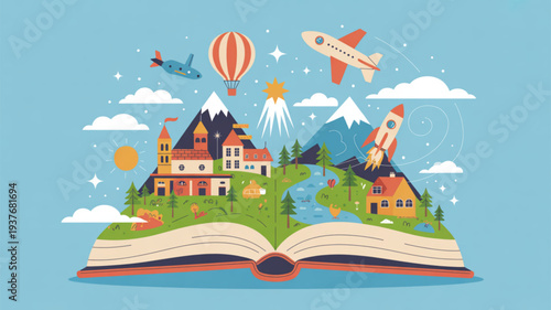 Whimsical illustration of a fantasy world emerging from an open book with travel and adventure elements