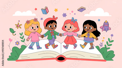 Diverse children holding hands standing on open book with flowers gifts and stars around them in a whimsical scene