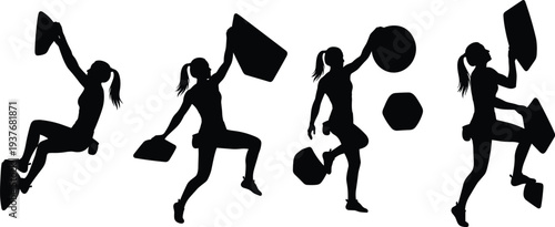 Bouldering girl silhouette icons, female rock climber vector illustrations, indoor climbing gym activity shapes, minimalist extreme sports adventure graphics