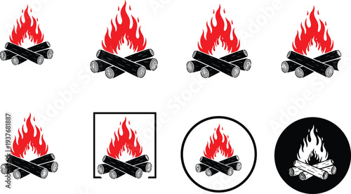 Campfire and bonfire silhouette icons, fireplace log burning vector illustrations, wood fire flame outdoor adventure symbols, minimalist camping heat graphics
