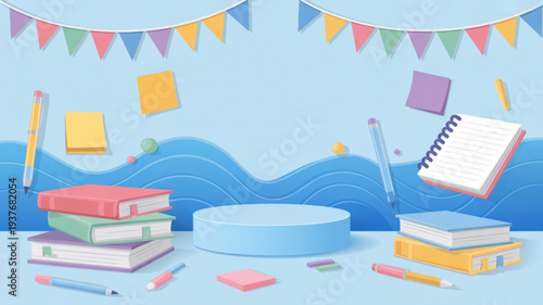 Colorful school supplies and books arranged on a blue background with a festive banner