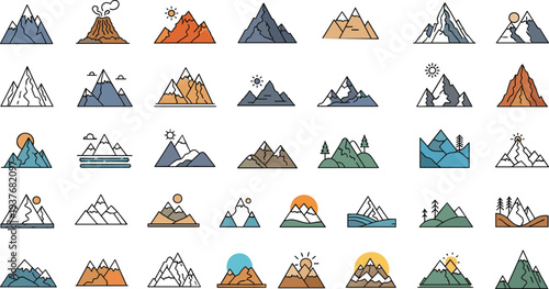Colorful mountain landscape icons, diverse peak vector illustrations, volcano and nature scene shapes, minimalist outdoor adventure travel graphics, academic doodle elements
