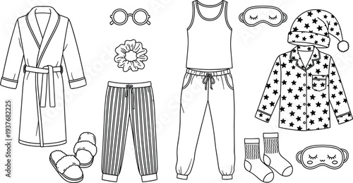 Sleepwear clothing icons, pajama lounge set, bathrobe slippers, eye mask socks, bedtime fashion apparel, morning routine technical line drawing.
