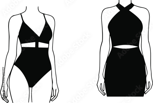 Women's fashion silhouettes, black bodysuit and mini dress vector illustrations, elegant apparel mockup shapes, minimalist female clothing design graphics