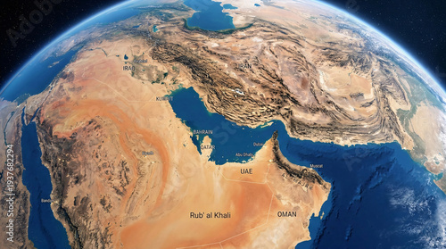 Satellite globe view of Middle East from space showing Iran, Iraq, Saudi Arabia, UAE, Kuwait, Qatar, Oman, Persian Gulf.