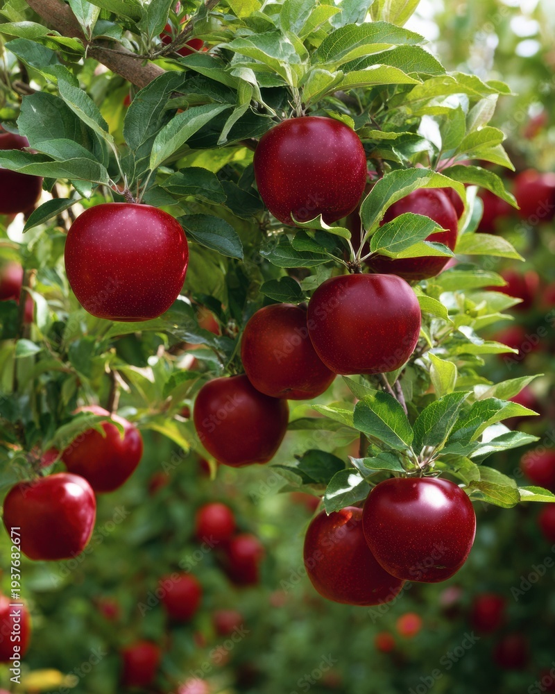 Obraz premium Organic red apples hanging from a tree branch in a lush orchard during autumn harvest for agricultural branding and fresh food marketing with soft natural light