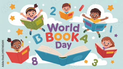 Children celebrating world book day with colorful books and numbers floating in air