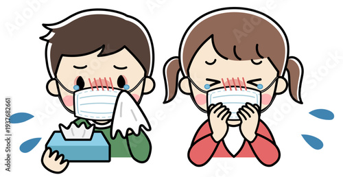 咳やくしゃみが止まらないマスクをした子供たちのイラスト