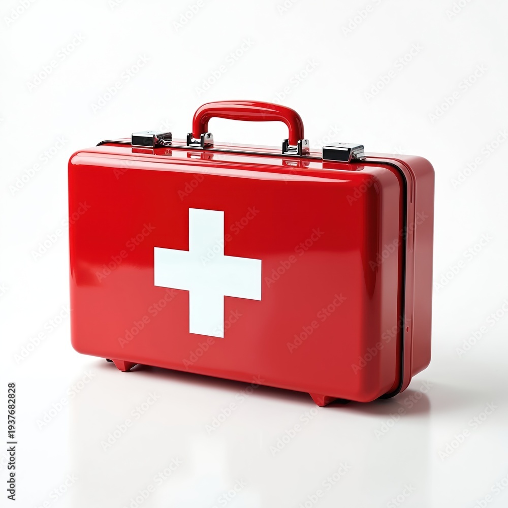 Obraz premium Red metal first aid kit with white cross symbol. Portable emergency medical box for accidents and injuries. Contains supplies for urgent care and treatment.