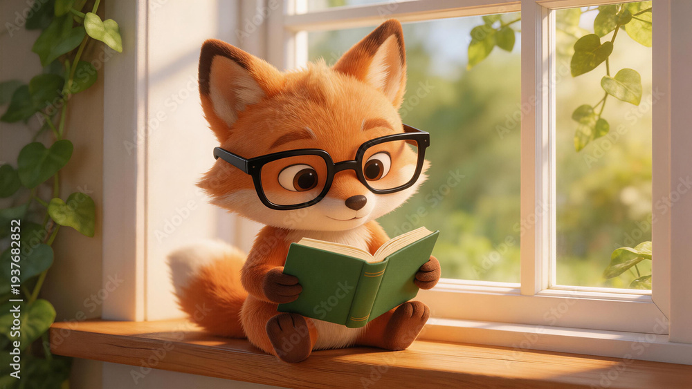 Fototapeta premium Adorable cartoon fox with glasses reads a green book on a wooden windowsill, surrounded by green vines and sunlight. Depicts education, literacy, and childlike curiosity in a cozy, whimsical setting.