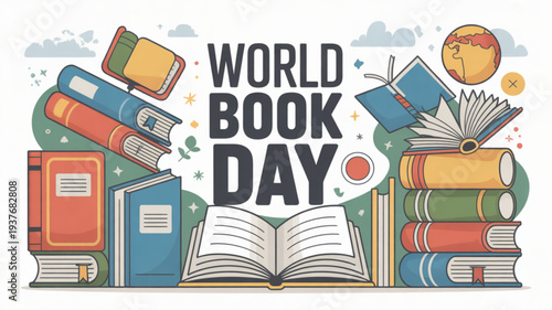 Colorful world book day illustration with stacked books and globe on white background