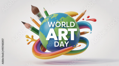 World art day celebration with colorful art supplies and globe on white background