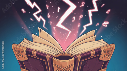 Ancient magic book with mystical lightning and pink sparks on a dark blue background symbolizing knowledge and fantasy