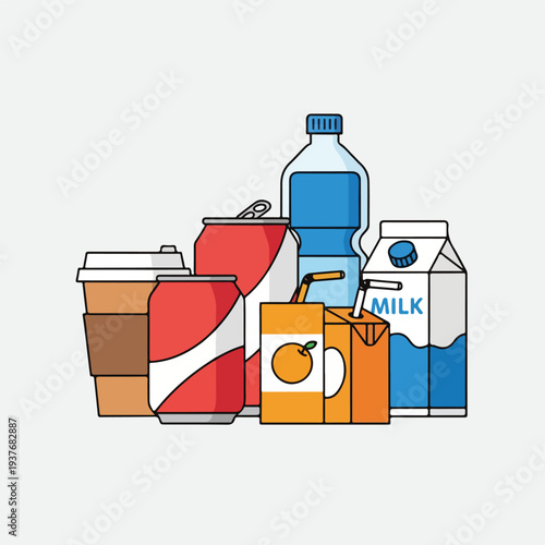 Cartoon illustration of assorted beverage containers on white background